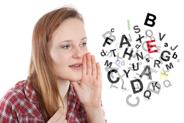 young woman is talking gibberish or gobbledygook