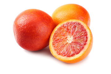 Red blood orange fruit with slices isolated on white background