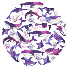 Ocean watercolor composition circle with silhouettes of sea animals: whales, dolphins, killer whales, stingrays and narwhals, purple flowers, twigs and branches 