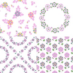 Set of vector seamless pattern with  flowers and leaves for fabric, textile, wrapping paper, card, invitation, wallpaper, web design, background. 