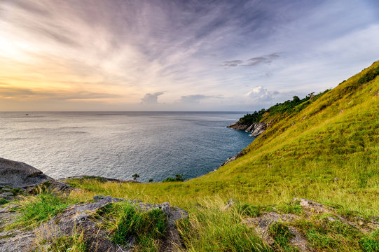 Green hill with horizon sea on coastline at Krating cape