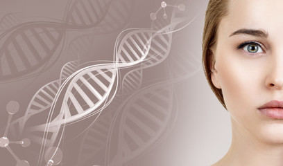 Portrait of sensual woman among DNA chains.