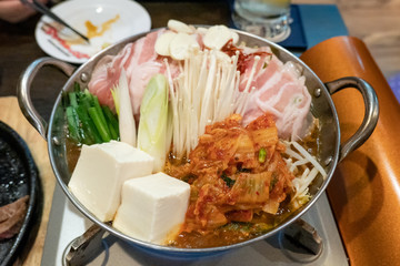 Shabu with vegetable, tofu, sliced pork and beef in electric pot