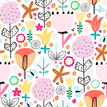 Cute seamless pattern with decorative plants and flowers in doodle style. Perfect for kids fabric, textile, nursery wallpaper. Scandinavian style. - Vector