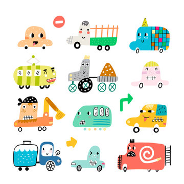 Vector set, cute cars in nursery style. Fun cars - truck, taxi, fire truck, bus, van, tractor and excavator. Isolated design elements for children. - Vector