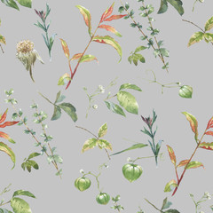 Watercolor painting of leaf and flowers, seamless pattern on gray background