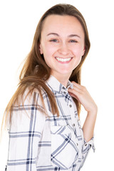 Beautiful young woman looking at camera isolated on white background