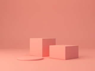 Pink coral shapes on a coral abstract background. Two minimal boxes and a cylinder podium.Scene with geometrical forms. Empty showcase for cosmetic product presentation. Fashion magazine. 3d render. 