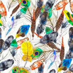 Watercolor feathers seamless pattern. Hand painted texture