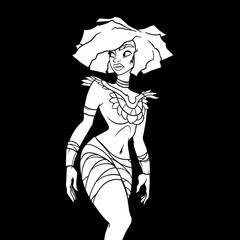 White filled outline of a cartoon woman with amazing figure and ancient clothes
