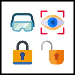 4 password icon. Vector illustration password set. padlock and eye scan icons for password works