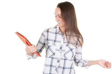 happy student girl with computer digital tablet pad in white background