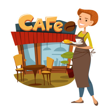Vector illustration of a cute female waiter standing near a cafe.