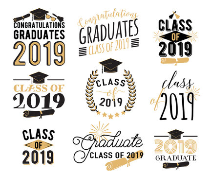 Graduation wishes overlays, lettering labels design set. Retro graduate class of 2019 badges. Hand drawn emblem with sunburst, hat, diploma, bell. Isolated. Sign or logo