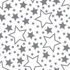 Vector illustration of grey five-pointed stars on a white background. Seamless childre's background a pattern on a space subject. Travel to stars, observation of infinity of the Universe.