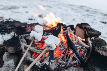 Roasted marshmallows on a fire in the winter forest