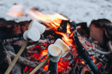 Roasted marshmallows on a fire in the winter forest