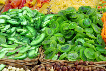 Dried kiwi and avocado on market