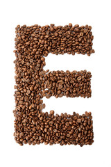Coffee font alphabet concept isolated on white background. Top view Alphabet made of roasted coffee beans. Collection of brilliant font for your unique idea. Letter E