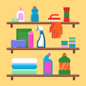 Households goods shelves. Chemical detergent bottles in laundry service room vector flat composition. Household spray for hygiene, plastic packaging, disinfectant product illustration