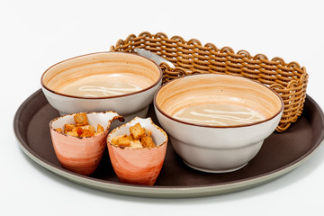 croutons soup on white background