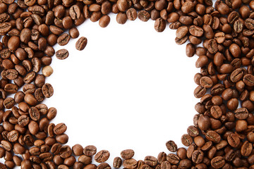 A frame from roasted coffee beans with empty copy space. Top view coffee isolated on white background