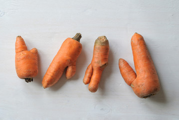 Imperfect carrots with ugly shapes.