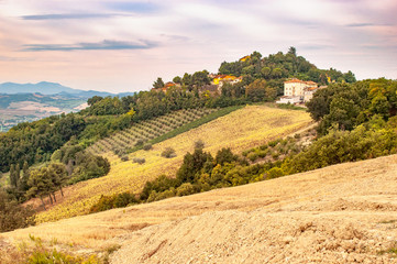 A view of Belvedere Fogliense, a little village on a hill, between Pesaro and Urbino in the...