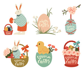 Fototapeta premium Happy Easter vector cartoon illustration set with bunny, chicks, eggs, basket, spring flowers and handwritten text isolated on a white background.