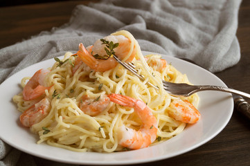 spaghetti cream cheese white sauce with shrimp - Italian food style