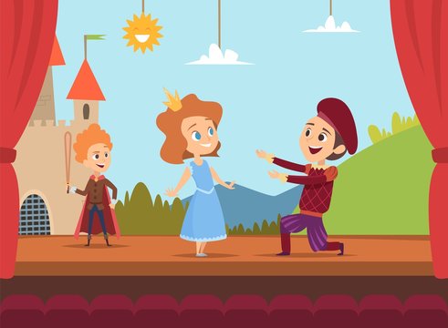 Kids at school stage. Children actors making big performance at scene dramatic scenery vector illustration. Children characters in drama, boy and girl on stage