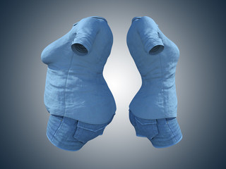 Conceptual fat overweight obese female jeans shirt vs slim fit healthy body after weight loss or diet thin young woman on blue. Fitness, nutrition or fatness obesity health shape 3D illustration