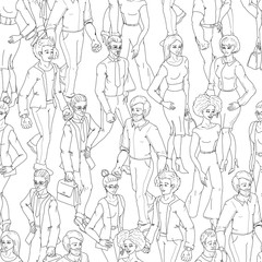 Seamless pattern with business people walking. Sketch style illustration with men and woman.