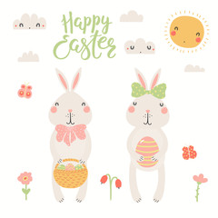 Hand drawn vector illustration of cute bunnies, with basket, eggs, sun, clouds, text Happy Easter. Isolated objects on white background. Scandinavian style flat design. Concept for kids print, card.