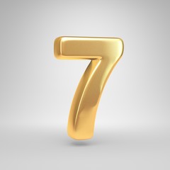 3D number 7. Shiny golden font isolated on white background