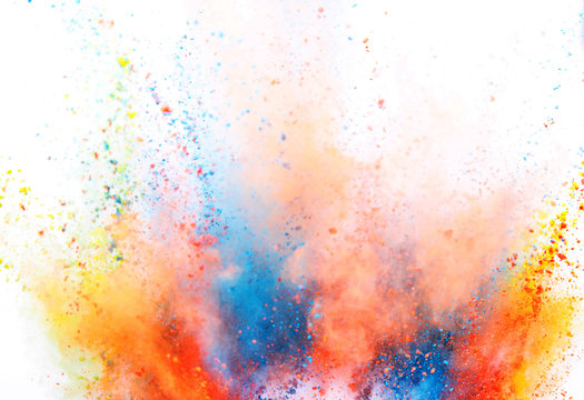 Colored Powder Explosion On White Background. Freeze Motion.