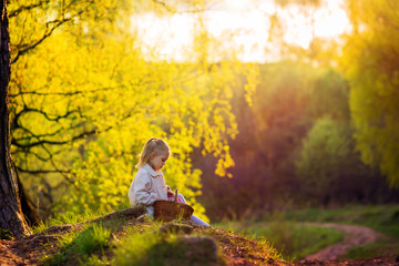 little blonde girl is four years with a basket of summer in the rays of the setting sun