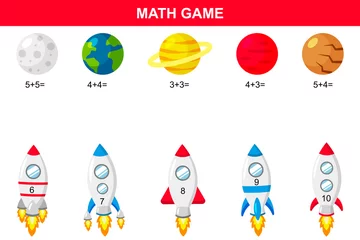 Meubelstickers Ruimteschip Math educatief spel voor kinderen. Afdrukbaar werkblad voor extra activiteiten. Raketten en planeten. Vector illustratie.