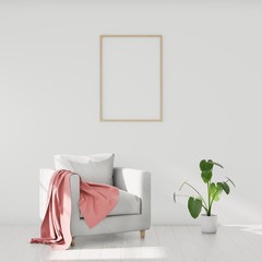 Minimalistic modern interior with an armchair, poster mockup for your design. You can use this mockup to display your artwork. 3D render.