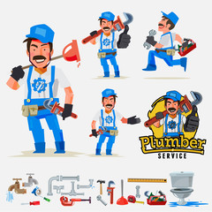 plumber man set in actions with typographic logo - vector illustration