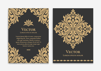 Fototapeta na wymiar Gold vintage greeting card on a black background. Luxury vector ornament template. Mandala. Great for invitation, flyer, menu, brochure, postcard, wallpaper, decoration, or any desired idea.