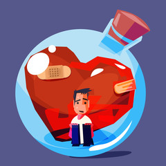 Naklejka premium male with broken and old heart in glass bottle. sad emotional concept - vector