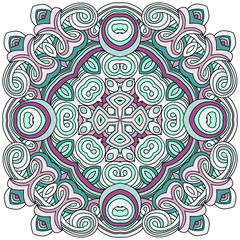 Square mandala with curls with purple and green colors. Islam, Arabic, Indian, turkish, pakistan, chinese, ottoman motifs. - Vector
