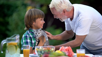 Grandson getting cute kitten on birthday from grandfather, surprise present