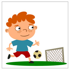 Funny boy runs for the ball to the goal - plays football.