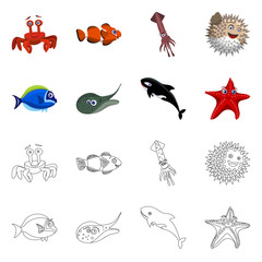 Isolated object of sea and animal icon. Collection of sea and marine stock vector illustration.