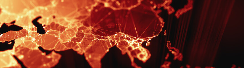 Digital mainlands from space. Cities and countries connected by plexus light lines. Virtual continents. Creative technology, ultra wide background. Concept of transfering information. 3d rendering