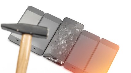 Obraz premium Hammer, broken screen and new phone screen on white background. Phone repair concept. Toned