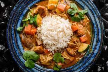 Chicken curry, vegetables and rice