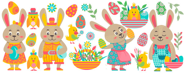 Vector illustration for Easter. Set, rabbit, spring flowers and cute elements